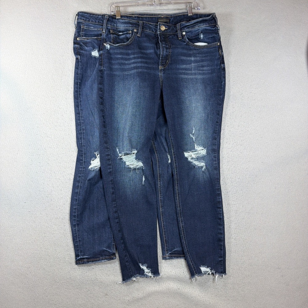 Silver Jeans Co Avery Skinny Crop Distressed Denim Blue Jeans Size 16 Lot of 2